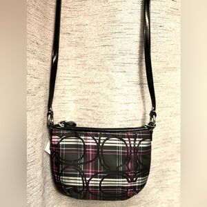 Coach Poppy NWT Tartan Purple Plaid Crossbody Bag Glitter Black Purse 8.5” x 6”